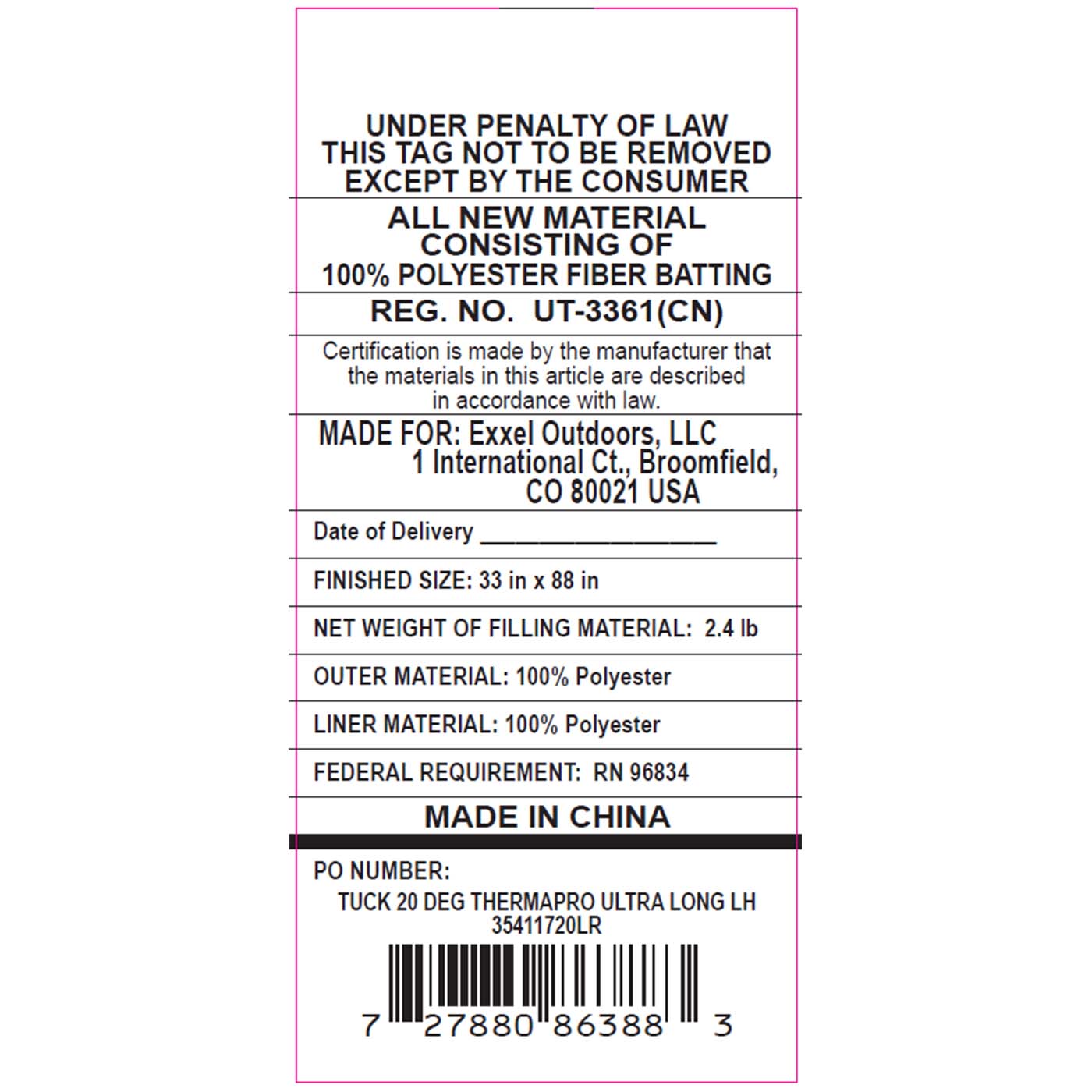 Kelty Tuck 20 Deg Thermapro Ultra Sleeping Bag, Long Size, Left-Hand