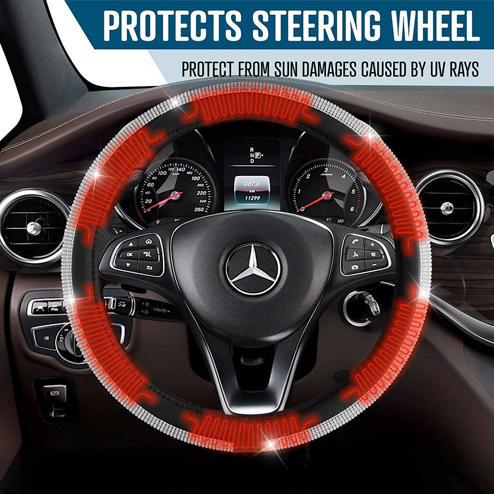 Zone Tech 12V Car Heated Steering Wheel Cover With Bling - Black And White Diamond Rhinestone